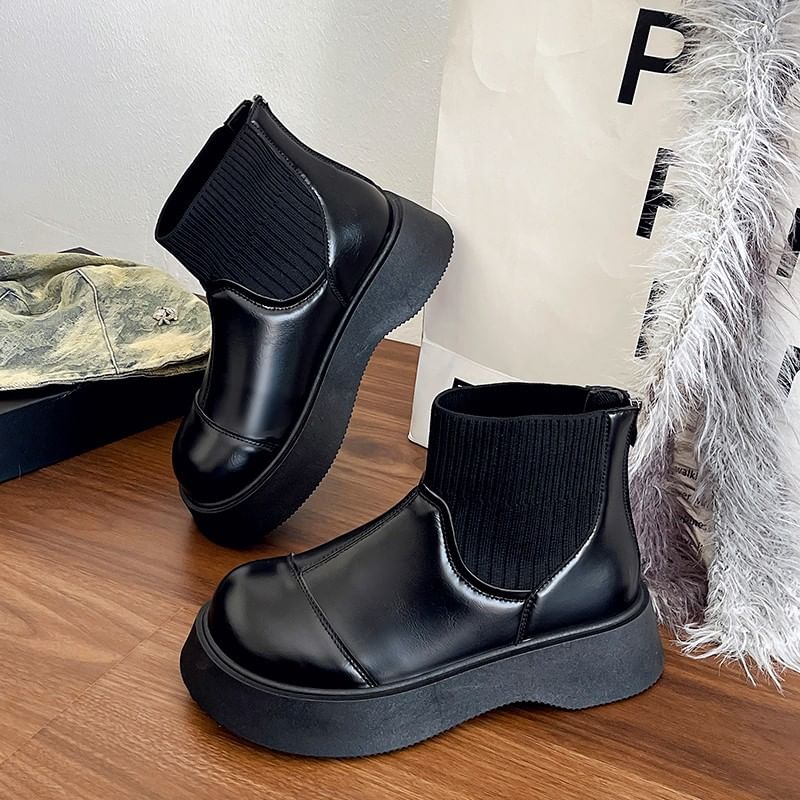 Sock Platform Leather Plain Short Faux Boots