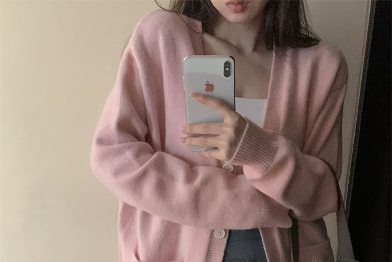 Simple V-Neck Solid Knit Cardigan