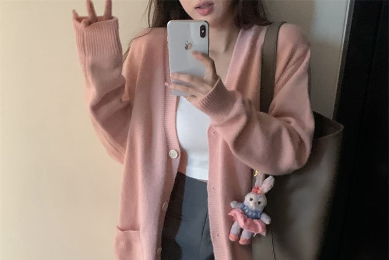Simple V-Neck Solid Knit Cardigan