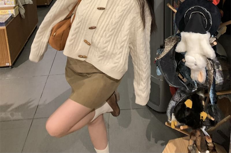 Hooded Cable Knit Cropped Toggle Cardigan