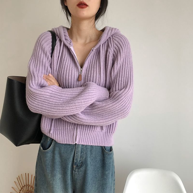 Hooded Ribbed Zip-Front Cardigan