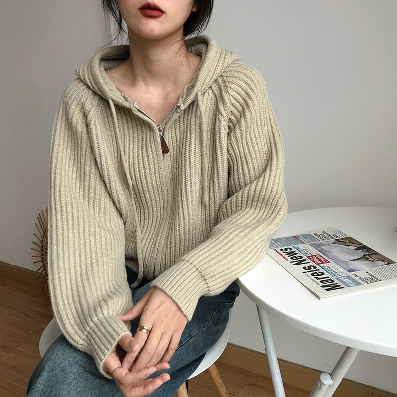 Hooded Ribbed Zip-Front Cardigan