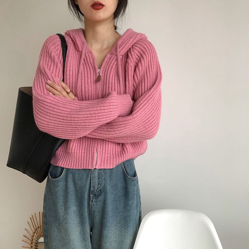 Hooded Ribbed Zip-Front Cardigan
