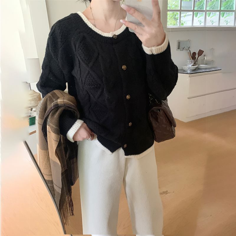 Cable Knit Round Neck Contrast Trim Cardigan