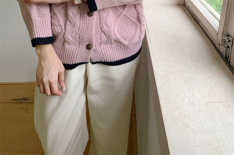 Cable Knit Round Neck Contrast Trim Cardigan