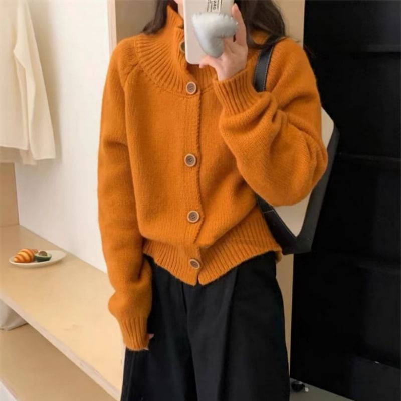 Stand Collar Solid Knit Cardigan