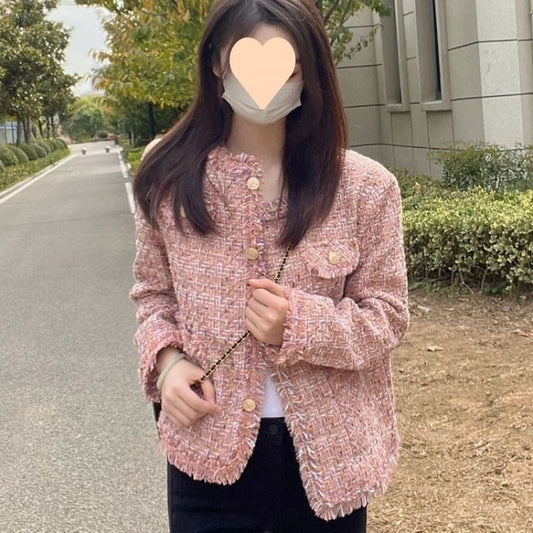 Round Neck Fray Tweed Button Jacket