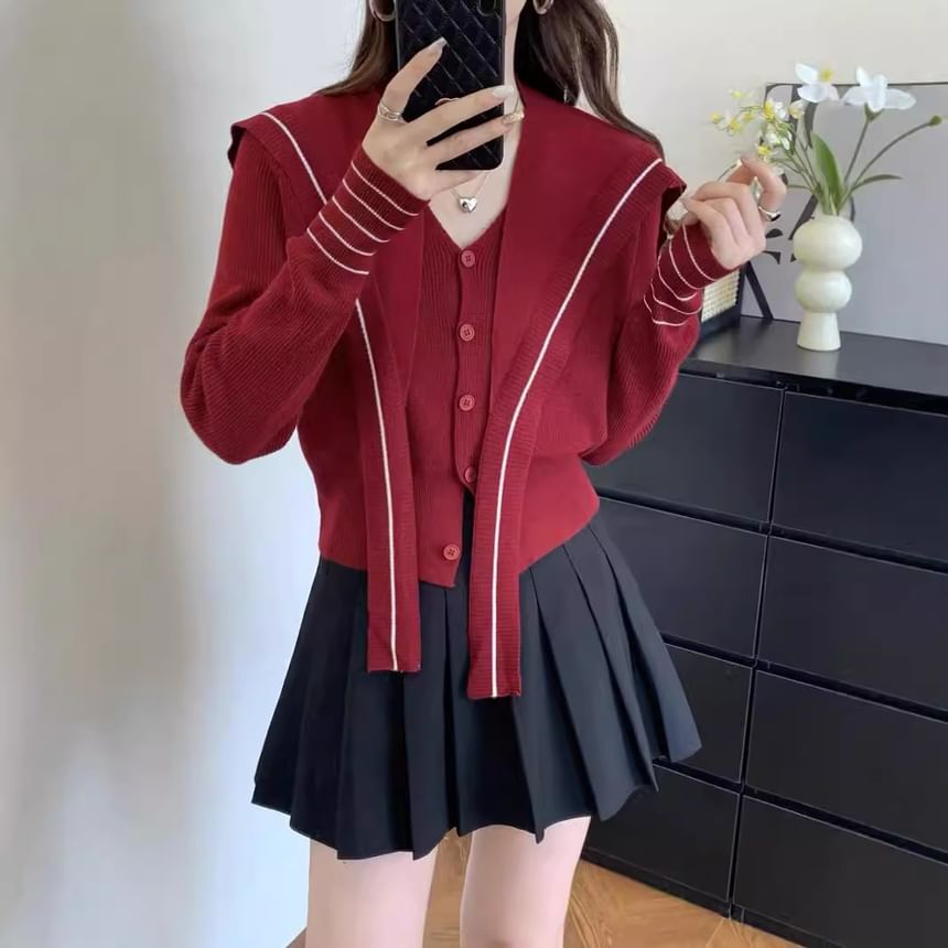 Matching V-Neck Striped Cardigan and Shawl Set