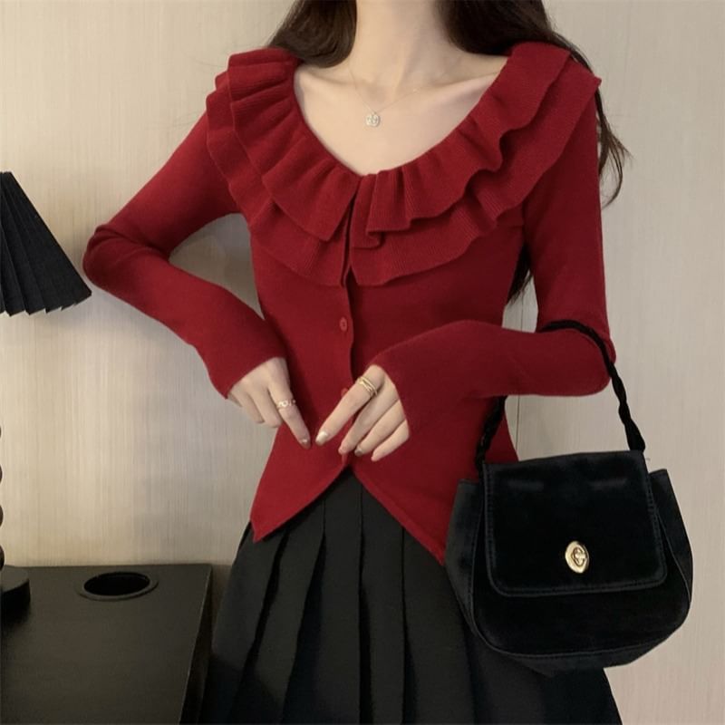 V-Neck Ruffle Detail Knit Cardigan