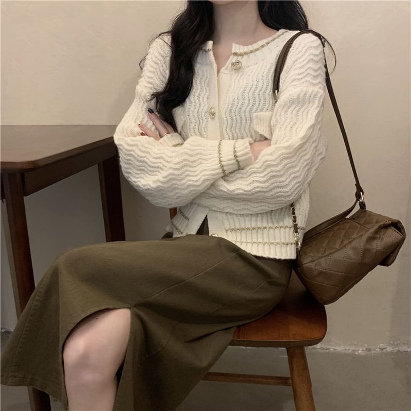 Faux Pearl Button Round Neck Striped Cardigan