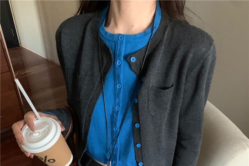 Two-Tone Pocket Detail Mock Layered Cardigan