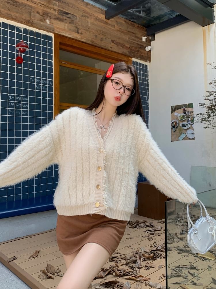 Fringed Trim V-Neck Ribbed Cardigan