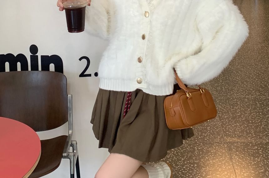 Fringed Trim V-Neck Ribbed Cardigan
