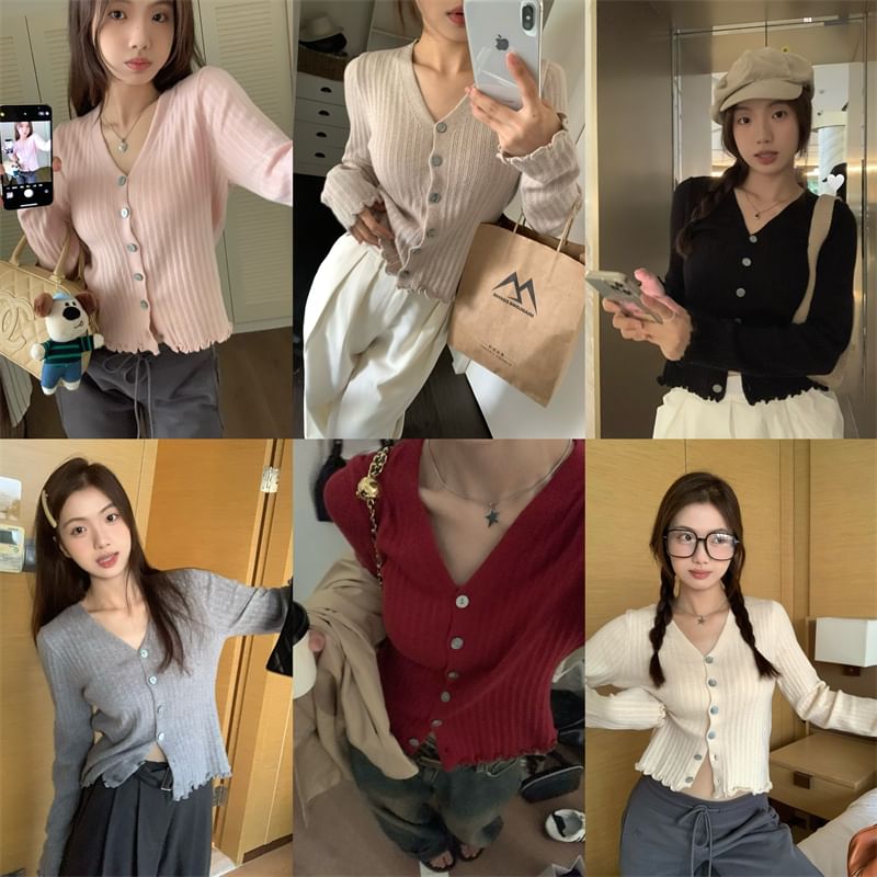 V-Neck Solid Ribbed Button Knitwear