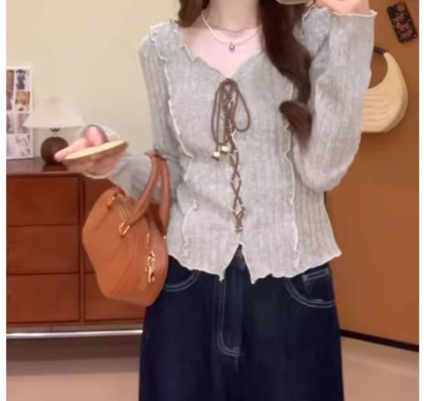 Melange Lace-Up V-Neck Long-Sleeve Knit Top