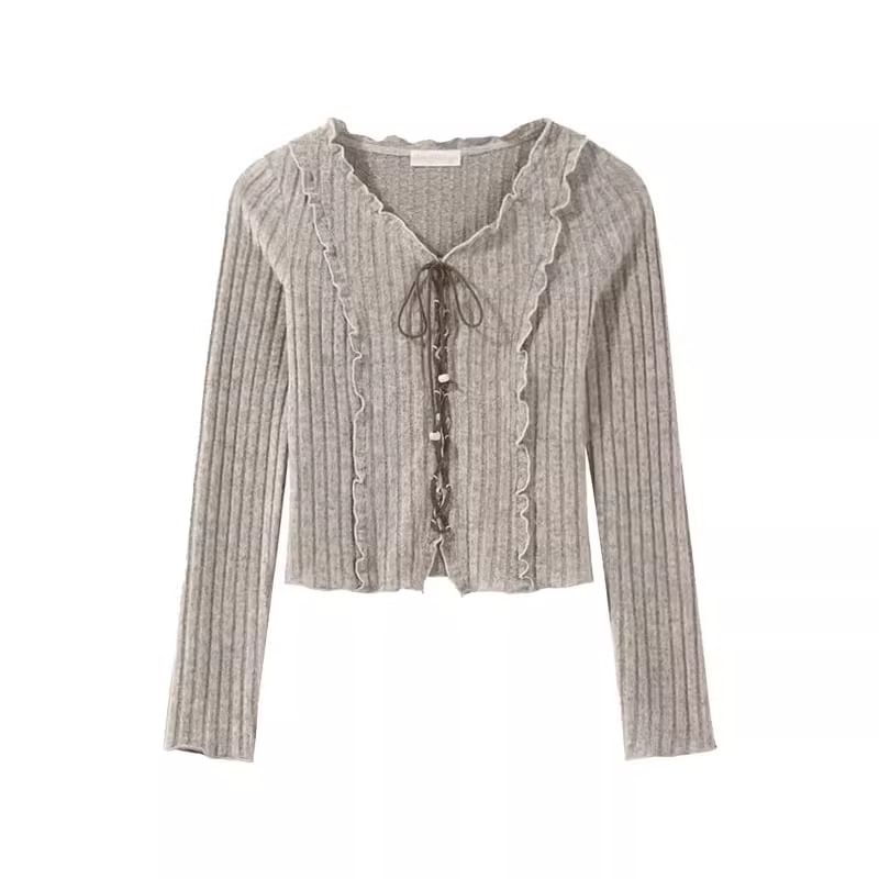 Melange Lace-Up V-Neck Long-Sleeve Knit Top