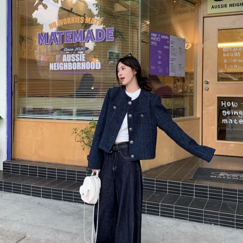 Tweed Button-Up Jacket / Low Rise Washed Wide Leg Jeans