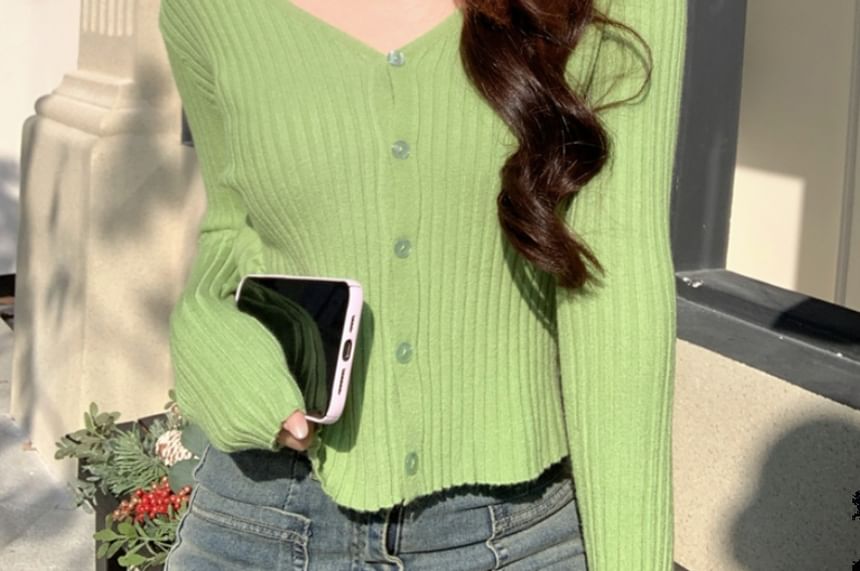 V-Neck Solid Ribbed Knit Jacket