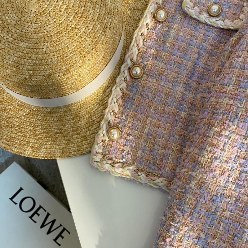 Round Neck Tweed Pearl Button Cropped Jacket