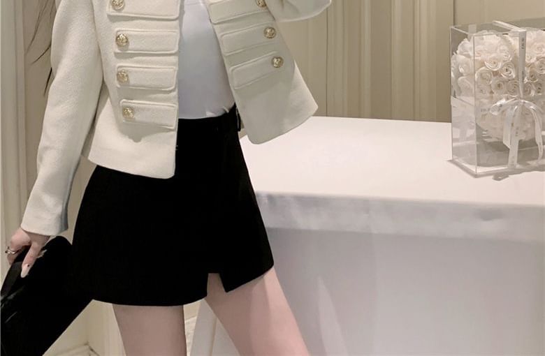 Long Sleeve Round Neck Cropped Tweed Jacket