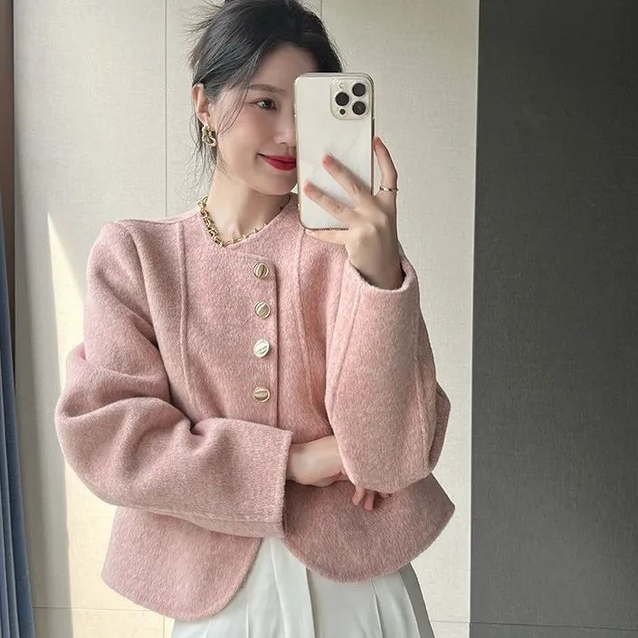 Long Sleeve Round Neck Button Up Wool Blend Jacket