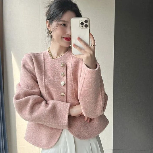 Long Sleeve Round Neck Button Up Wool Blend Jacket