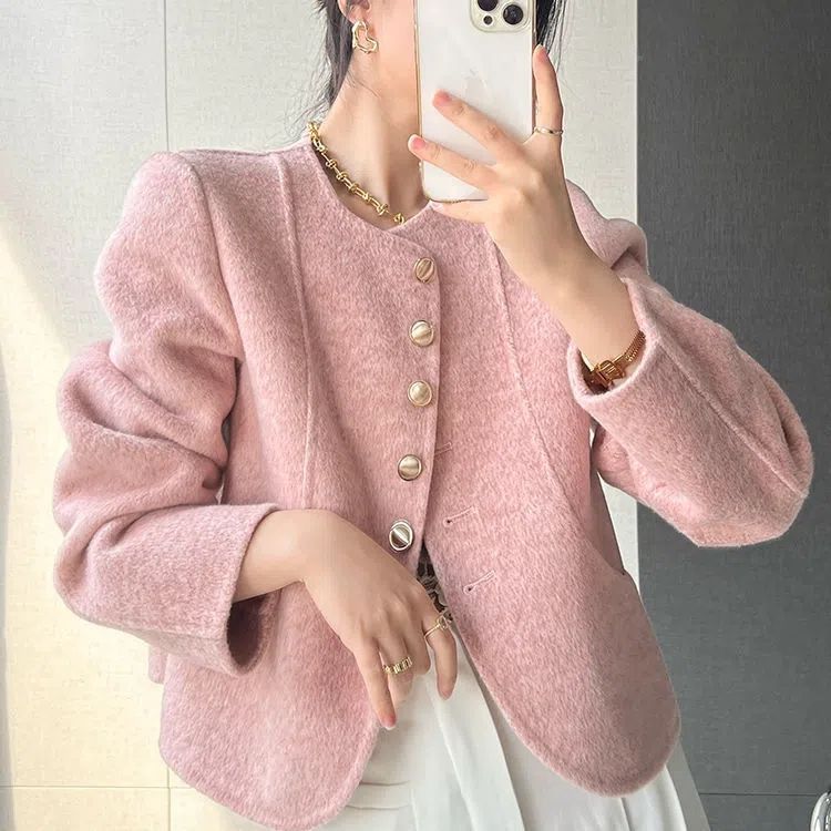 Long Sleeve Round Neck Button Up Wool Blend Jacket