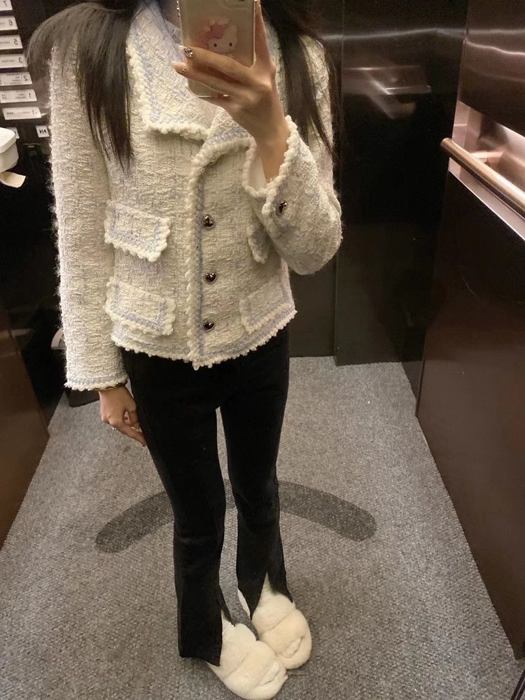 Long Sleeve Contrast Trim Button Up Tweed Jacket