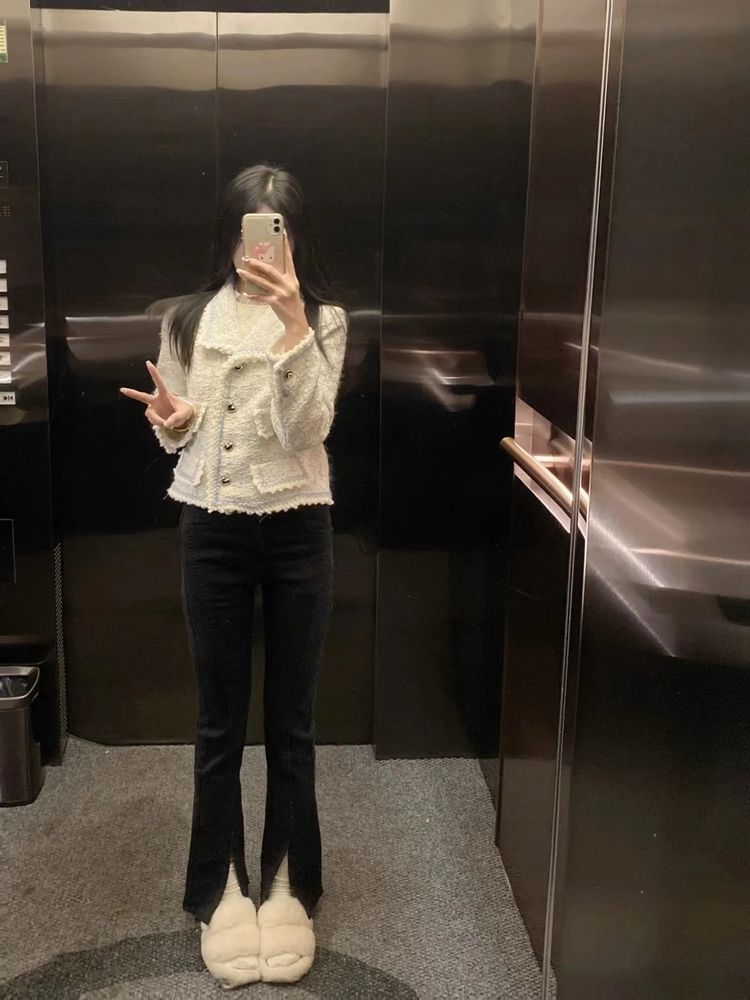 Long Sleeve Contrast Trim Button Up Tweed Jacket