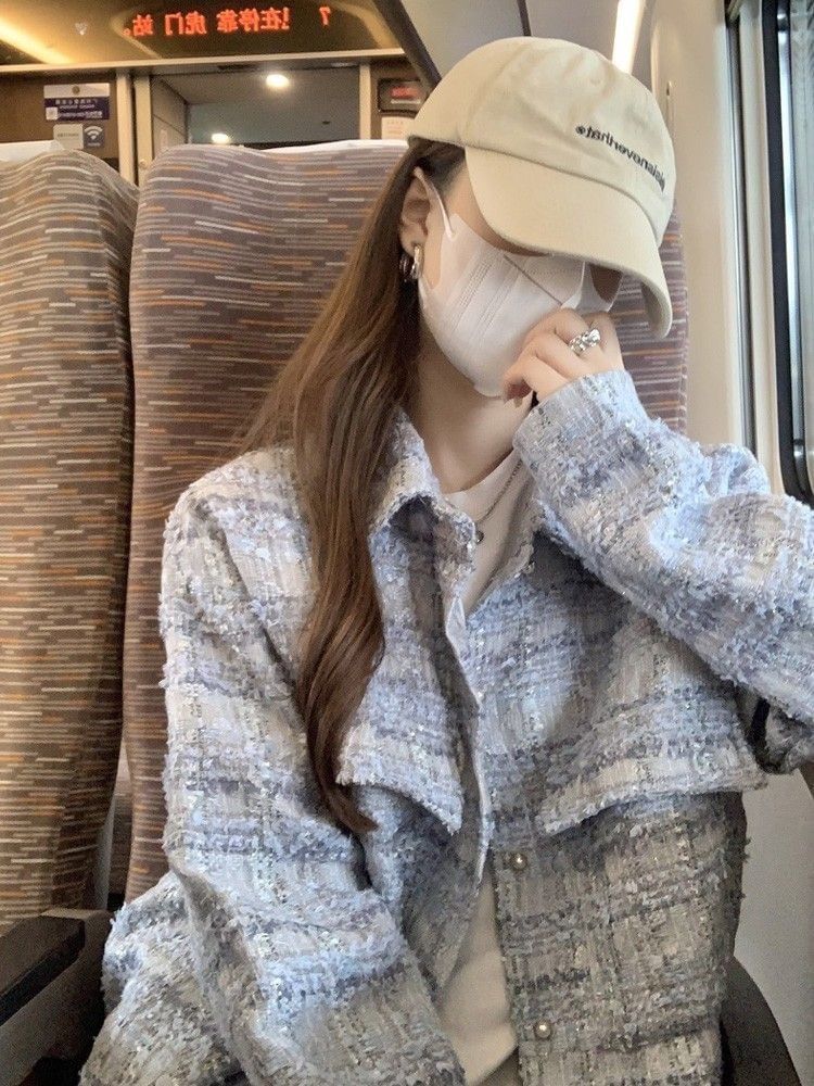 Long Sleeve Lapel Neck Button Up Gingham Tweed Jacket