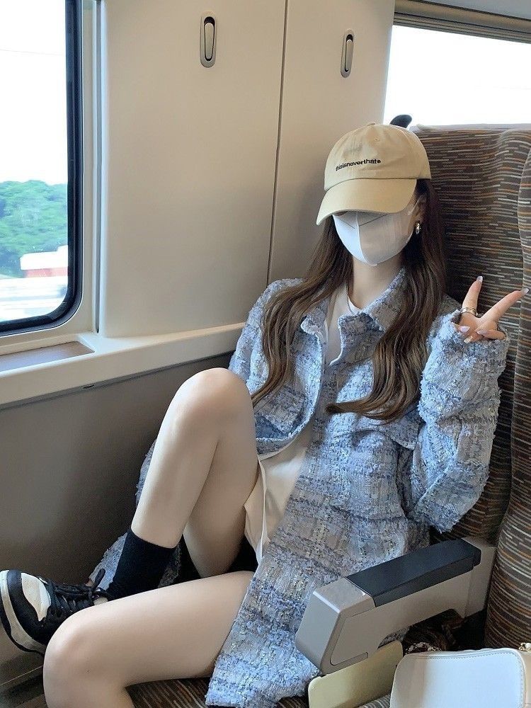 Long Sleeve Lapel Neck Button Up Gingham Tweed Jacket