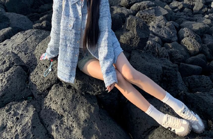 Long Sleeve Lapel Neck Button Up Gingham Tweed Jacket