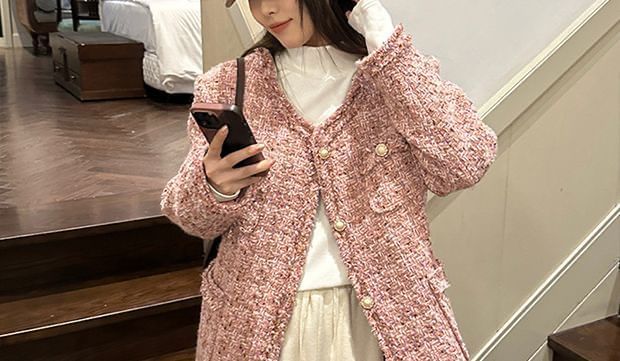 Long Sleeve Pearl Button Tweed Blazer