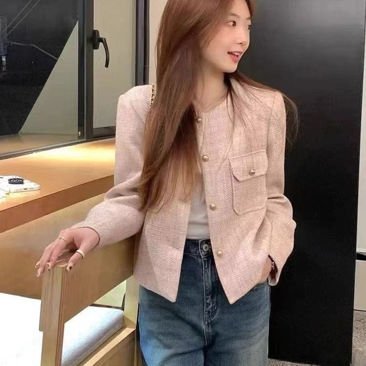 Long Sleeve Round Neck Tweed Jacket