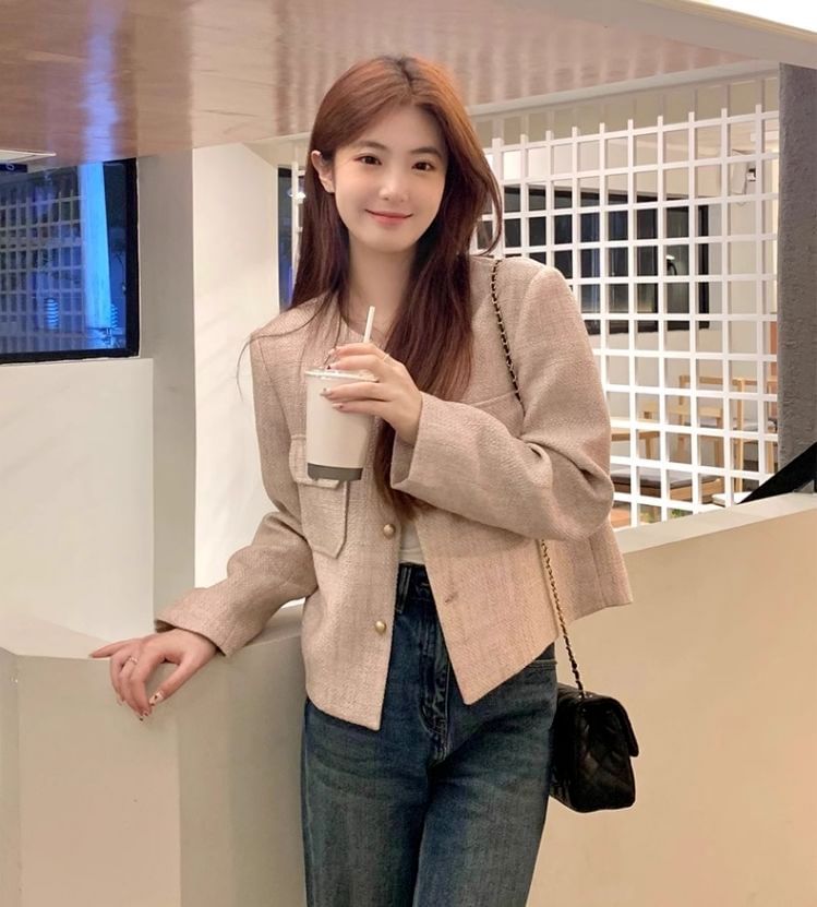 Long Sleeve Round Neck Tweed Jacket