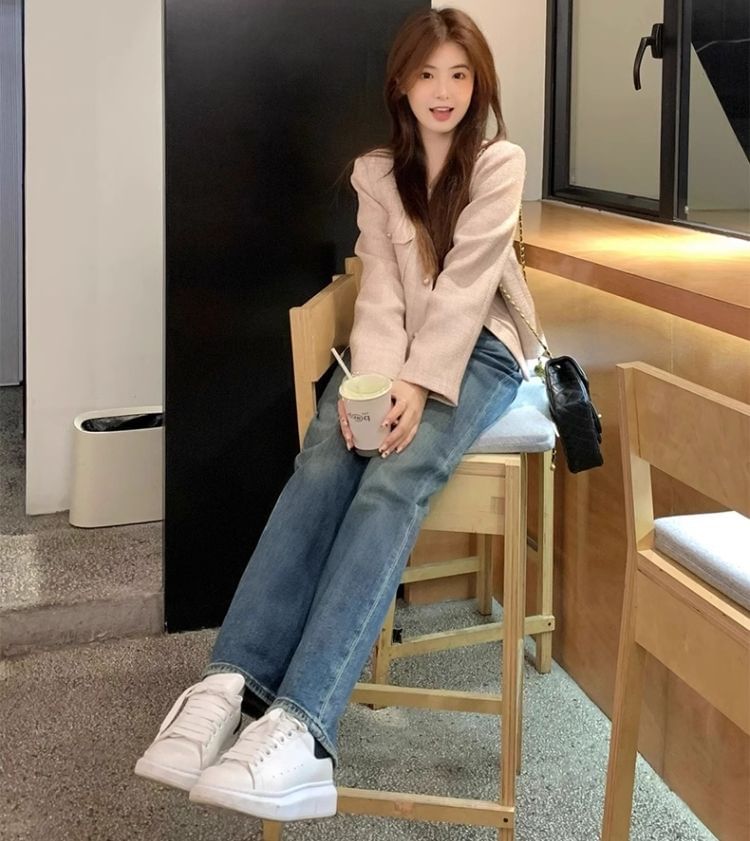 Long Sleeve Round Neck Tweed Jacket