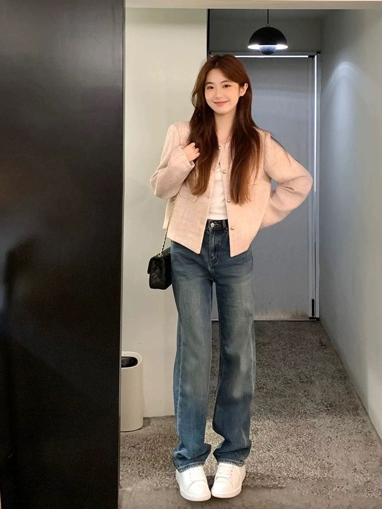 Long Sleeve Round Neck Tweed Jacket