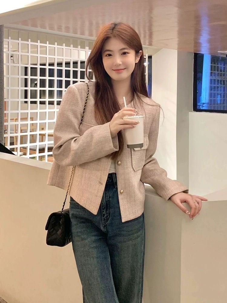 Long Sleeve Round Neck Tweed Jacket