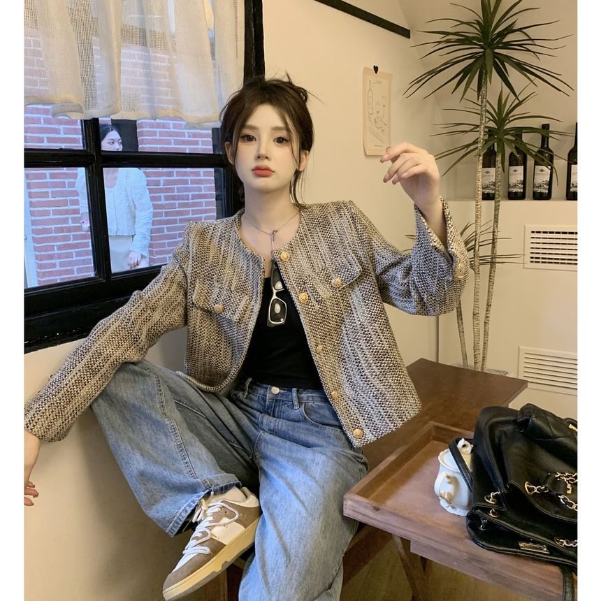Long Sleeve Round Neck Cropped Tweed Jacket