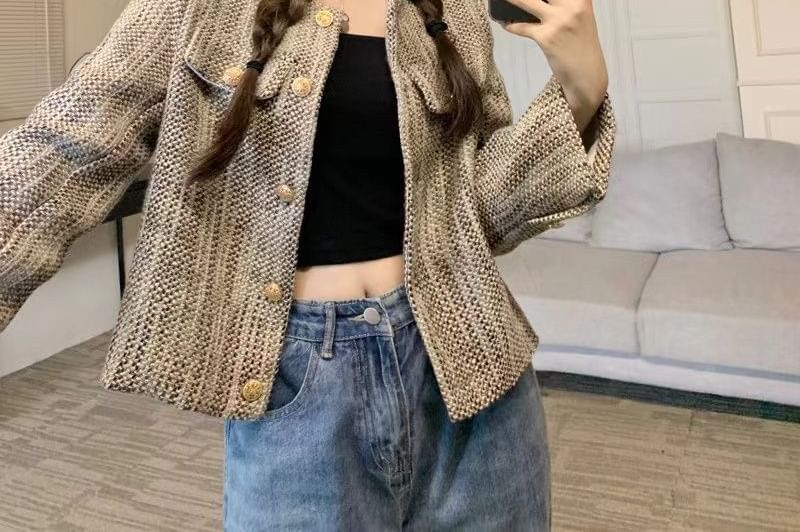 Long Sleeve Round Neck Cropped Tweed Jacket