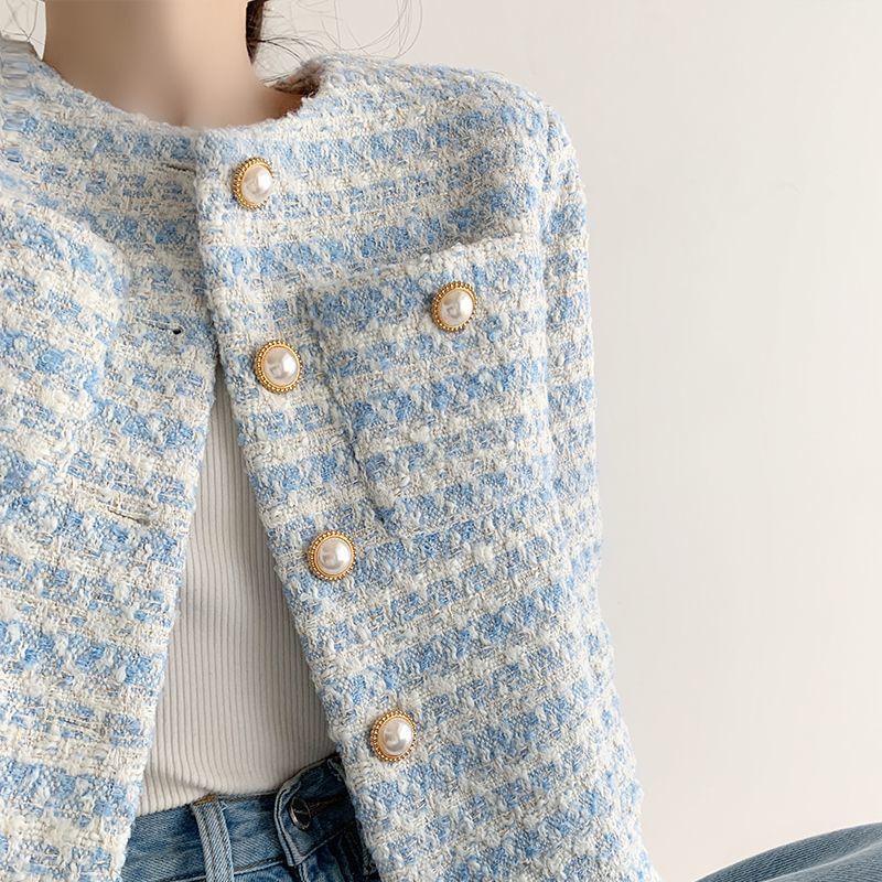 Long Sleeve Round Neck Tweed Pearl Button Cropped Jacket