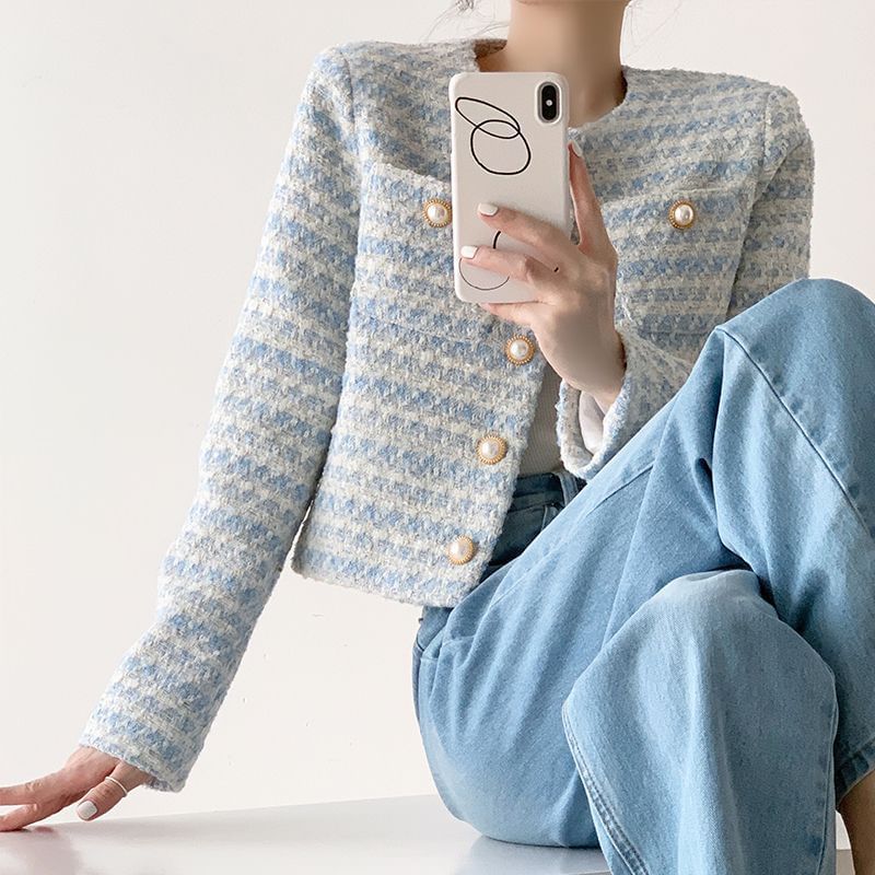 Long Sleeve Round Neck Tweed Pearl Button Cropped Jacket