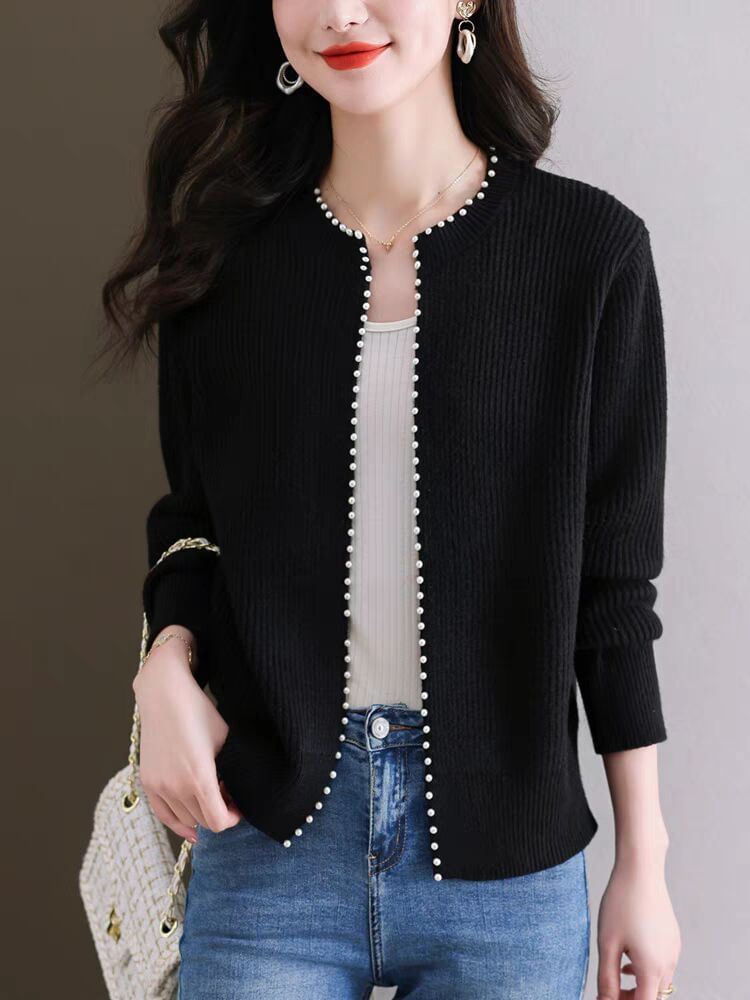 Beaded Open Front Knit Cardigan