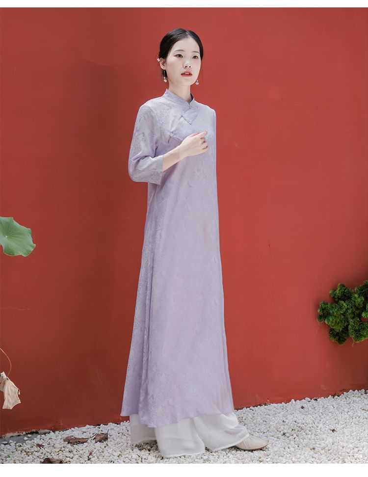 Traditional Chinese Long-Sleeve Print Maxi A-Line Dress / Wide Leg Pants