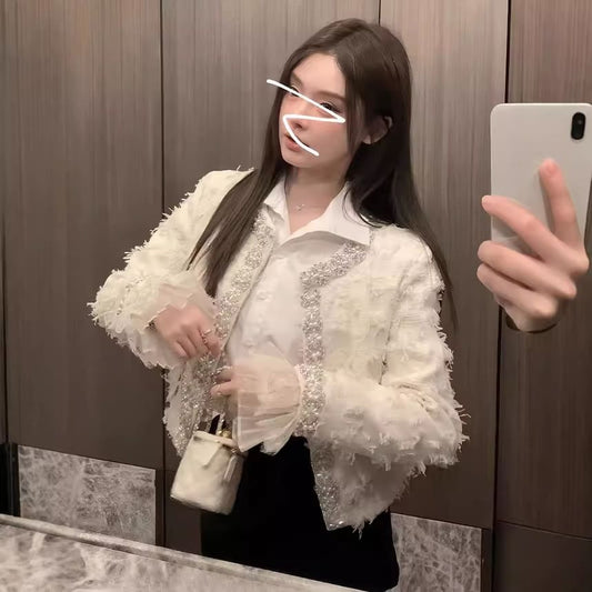 Lace Cuff Round Neck Beaded Tweed Hook And Eye Jacket / High Waist Plain Accordion Pleated Mini A-Line Skirt