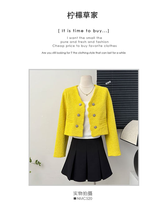 Cropped V-Neck Tweed Blazer