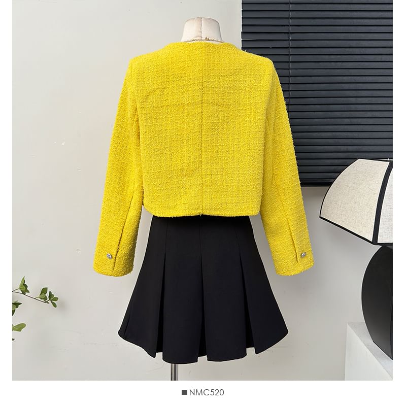 Cropped V-Neck Tweed Blazer