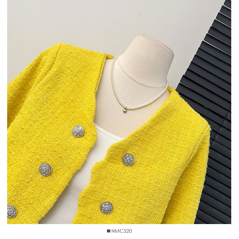 Cropped V-Neck Tweed Blazer