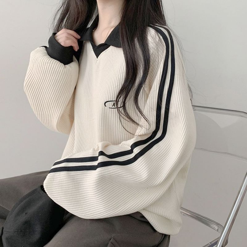 Sleeve Waffle Contrast-Trim Loose-Fit Embroidered Long Pattern