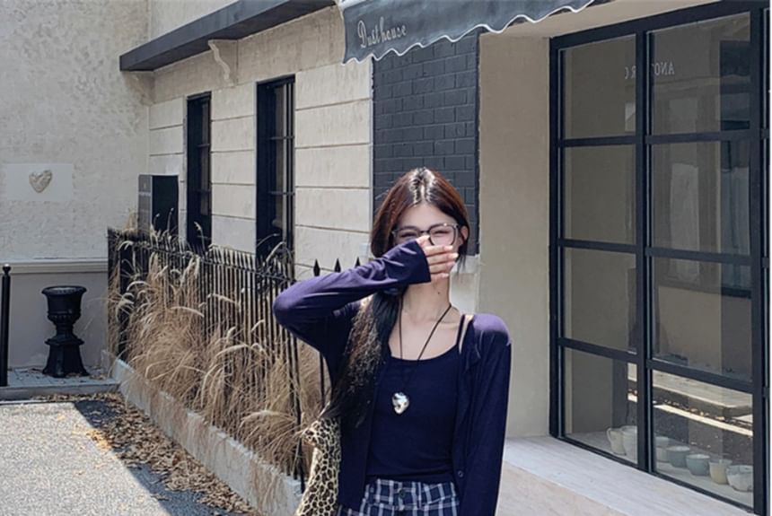High Waist Plaid Baggy Pants, Solid Cardigan, Crop Camisole Top Set